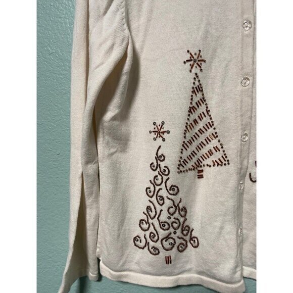 Mercer Street Studion Women's Cream and Gold Christmas Tree Sweater Cardigan Med - Picture 3 of 7